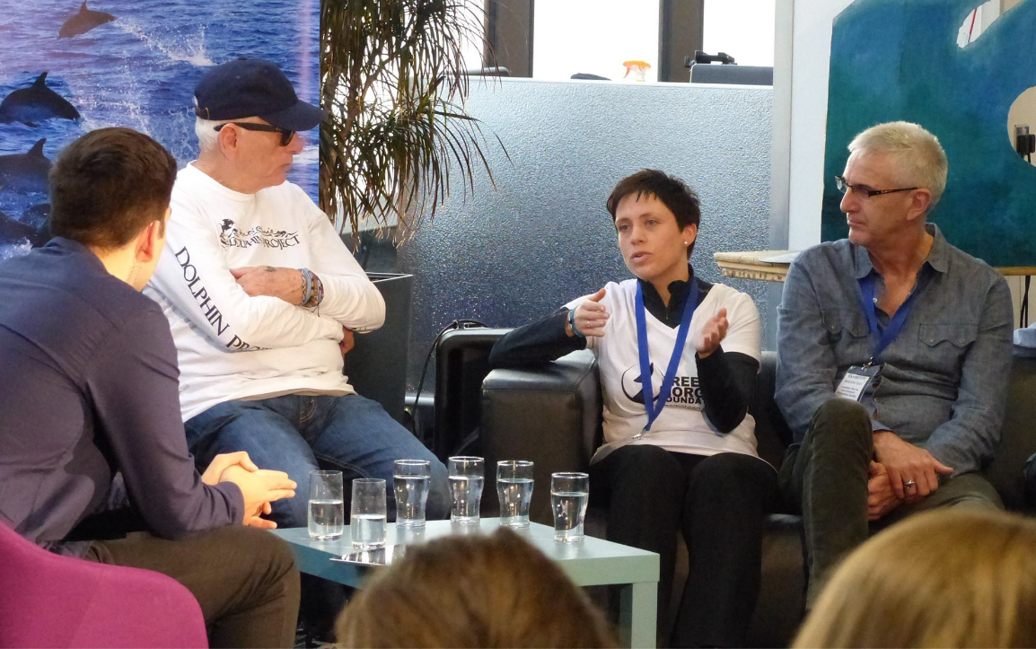 WhaleFest 2015 -Rosina Lisker with Ric O'Barry et al during panel discussions 